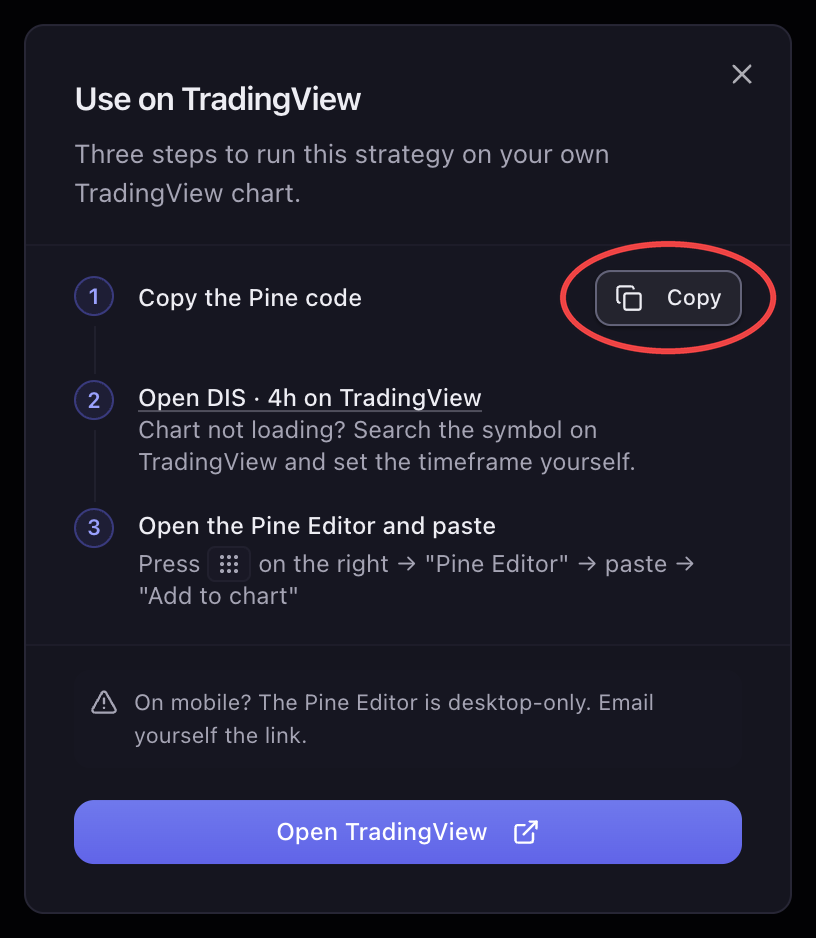 The Use on TradingView dialog with the Copy button on its first step circled
