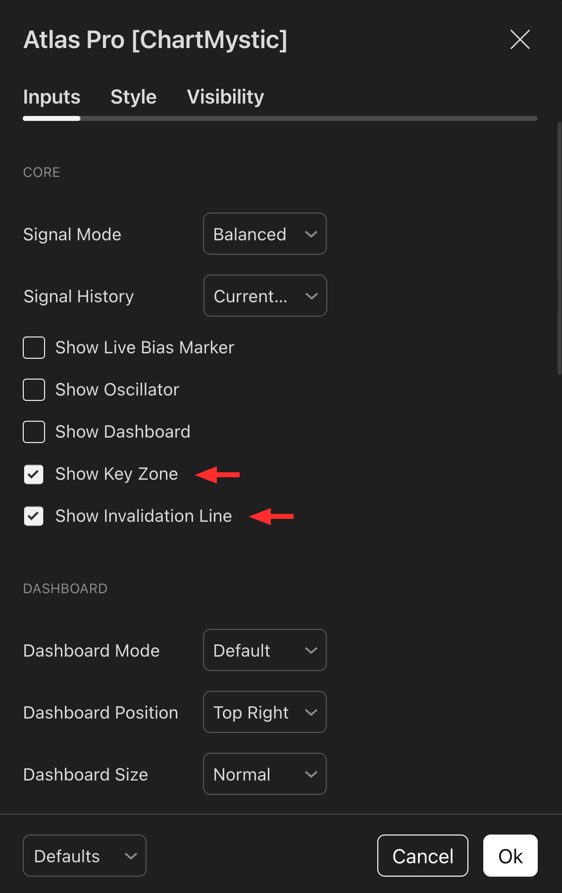 Show Key Zone and Show Invalidation Line